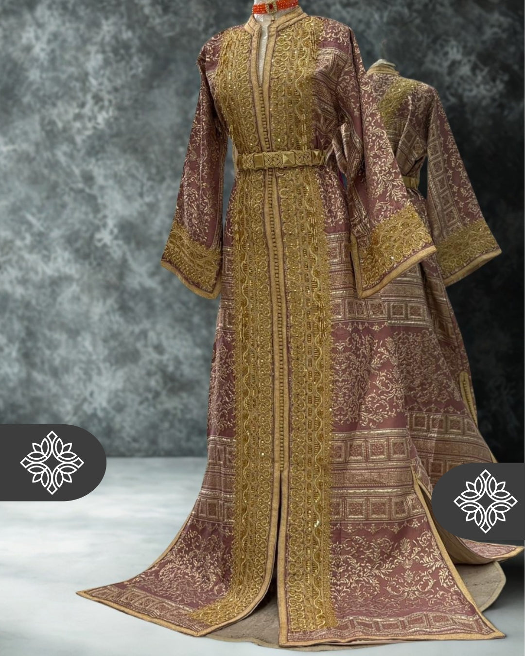 VIP Lavender Moroccan Kaftan | One-Piece Brocade Kaftan | Golden Hand Embroidery