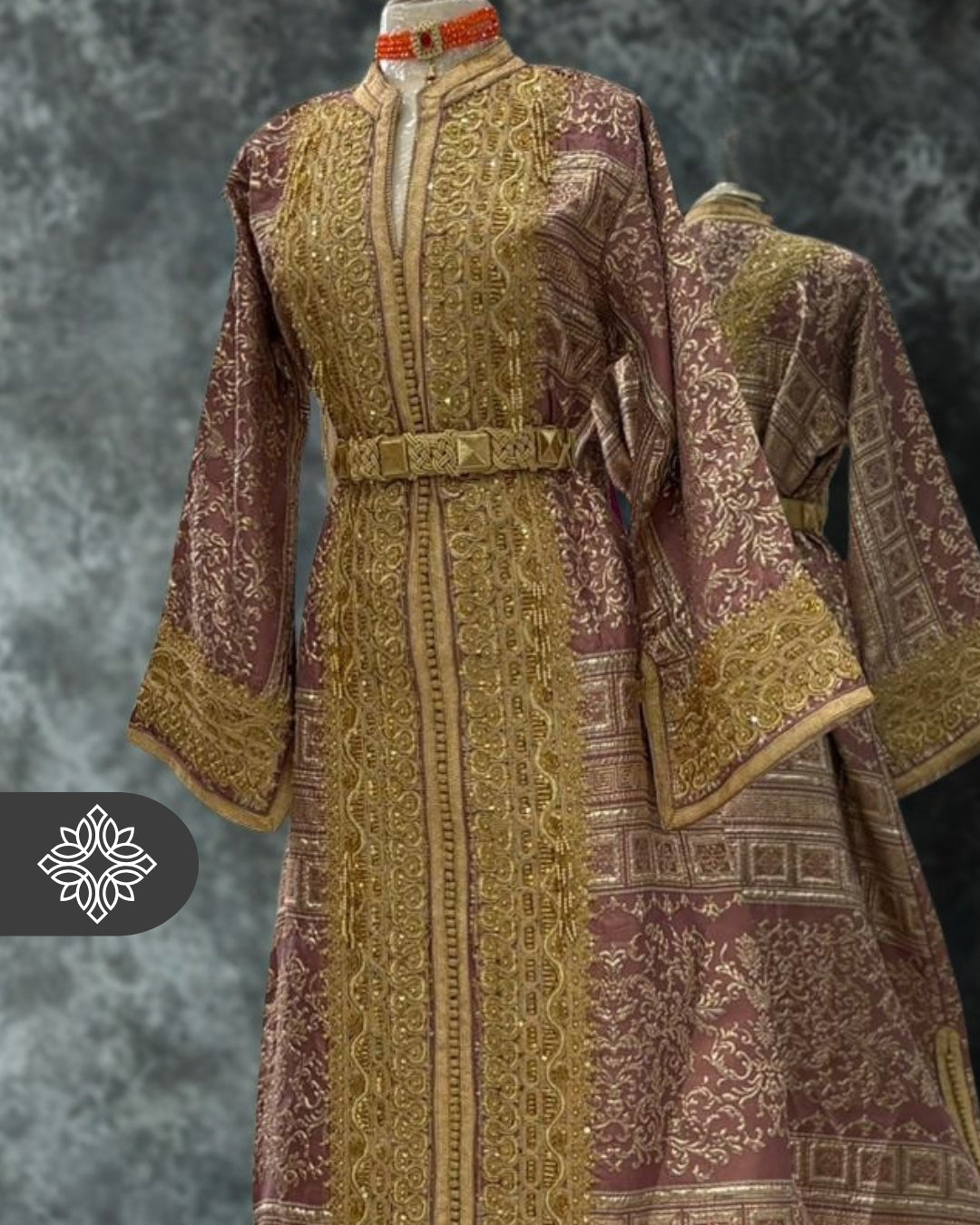 VIP Lavender Moroccan Kaftan | One-Piece Brocade Kaftan | Golden Hand Embroidery