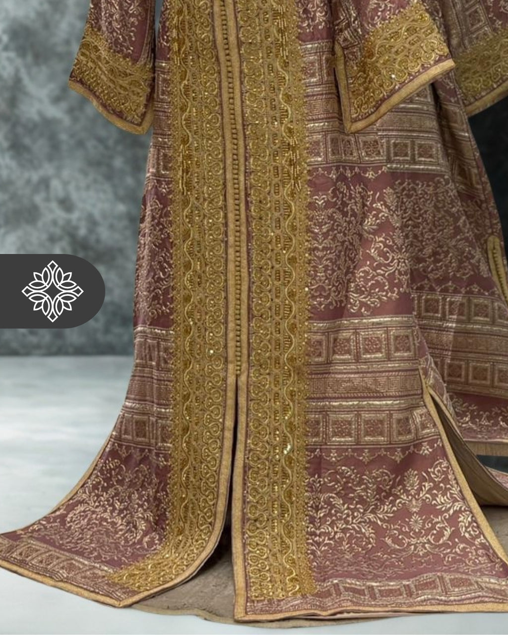 VIP Lavender Moroccan Kaftan | One-Piece Brocade Kaftan | Golden Hand Embroidery