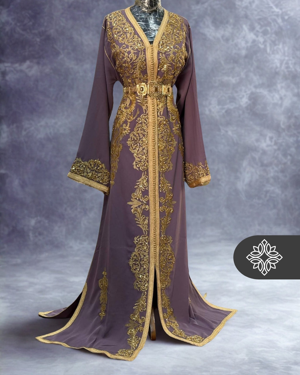 Lavender Moroccan Kaftan | Luxury One-Piece Caftan | Golden Hand Embroidery
