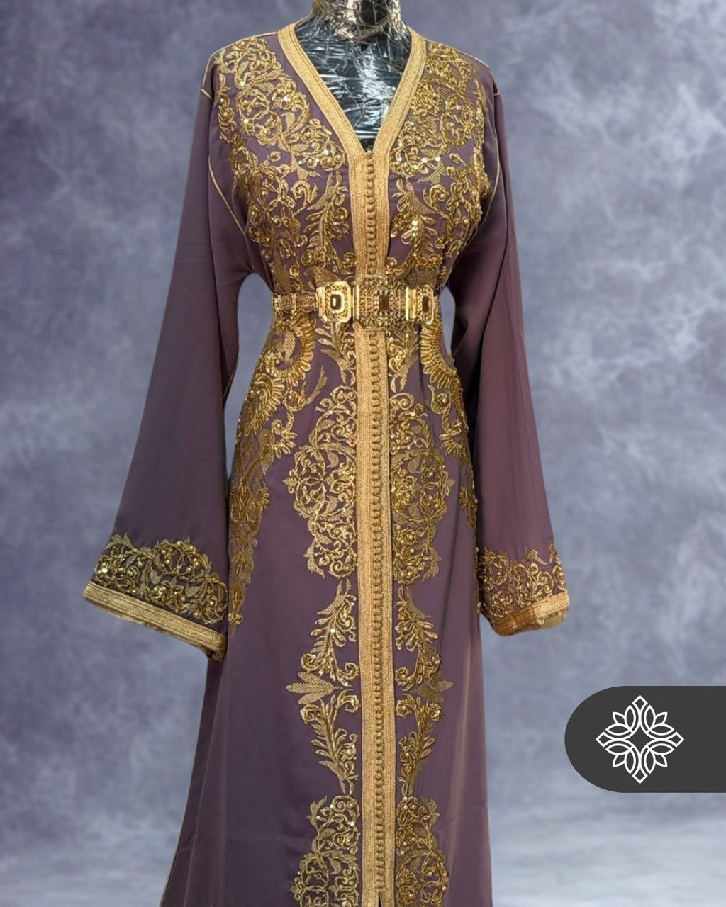 Lavender Moroccan Kaftan | Luxury One-Piece Caftan | Golden Hand Embroidery