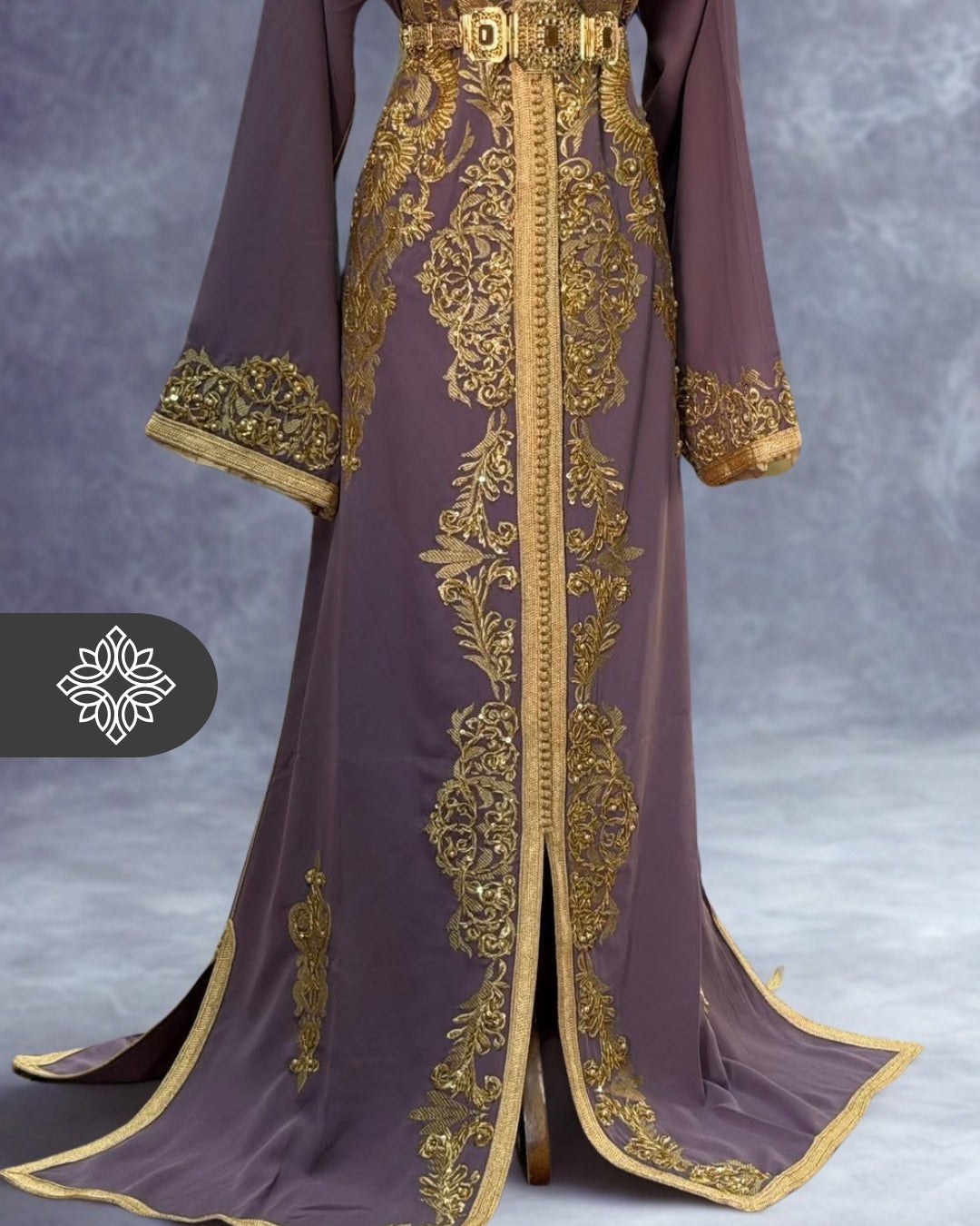 Lavender Moroccan Kaftan | Luxury One-Piece Caftan | Golden Hand Embroidery