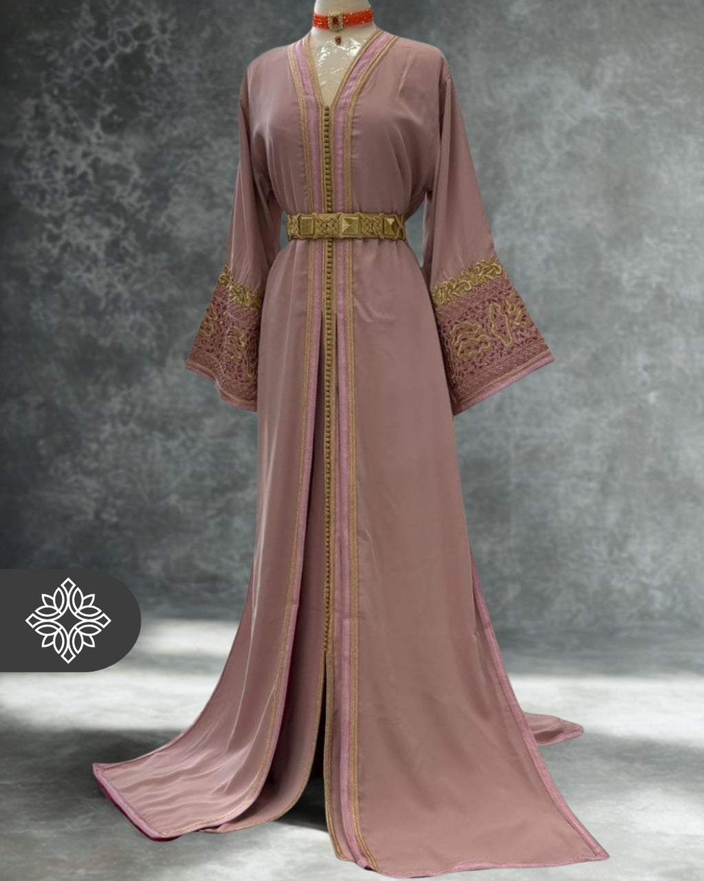 Lavender Pink Moroccan Takchita | Luxury Two-Piece Kaftan | Golden Tonal Embroidery