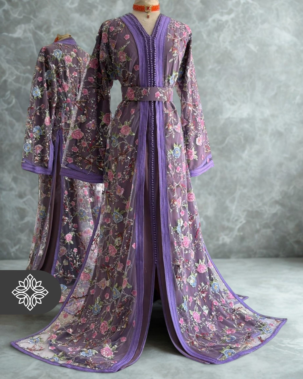 Navy Blue Floral Moroccan Takchita | Luxury Two-Piece Kaftan | Timeless Elegance