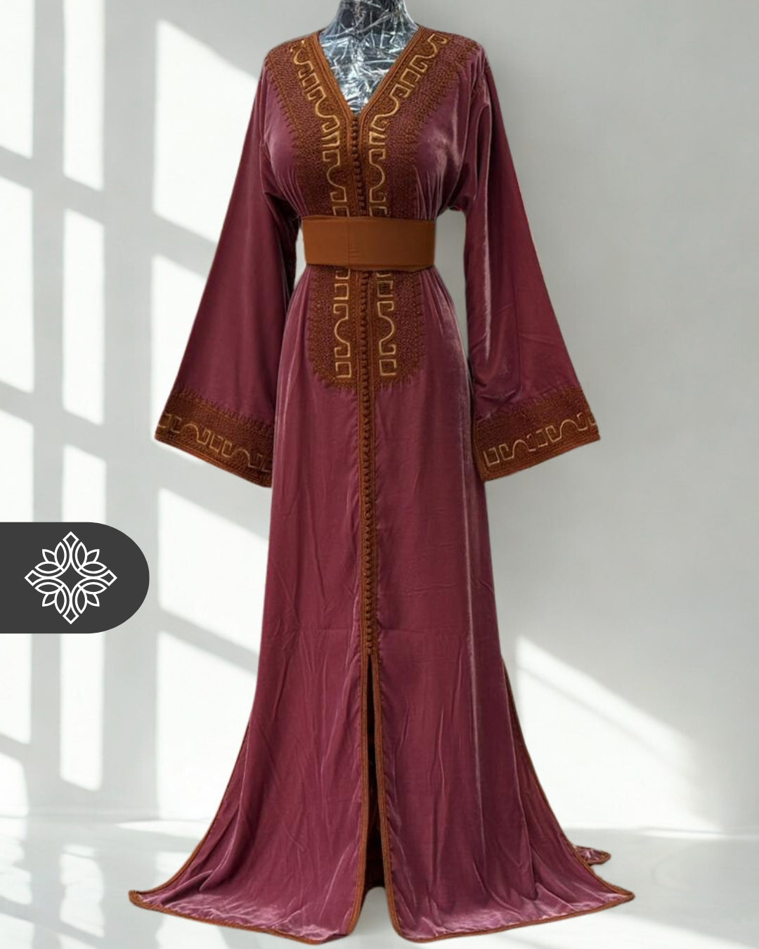 Emerald Green Velvet Moroccan Kaftan | Brown Tonal Embroidery | One-Piece Caftan