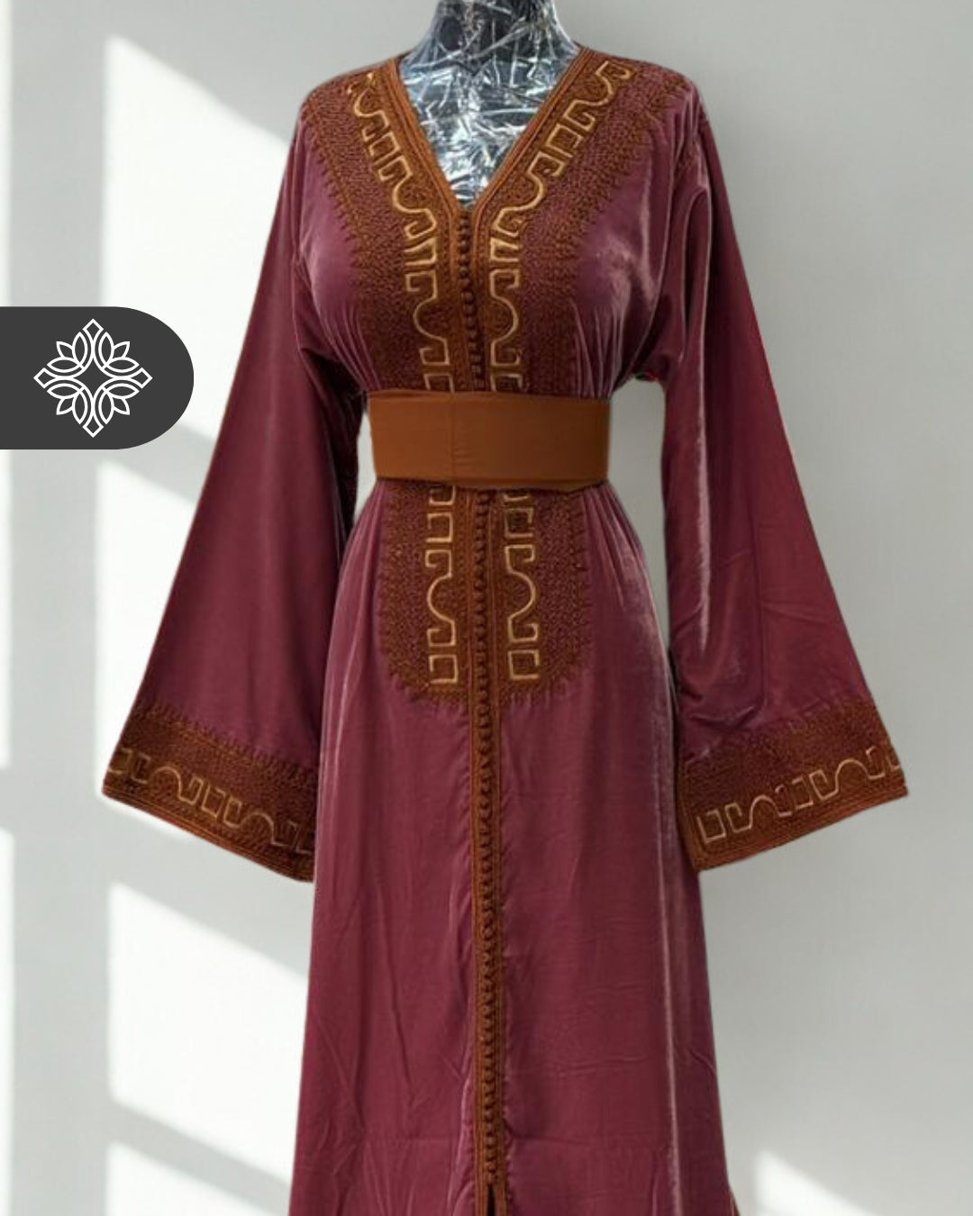 Lavender Velvet Moroccan Kaftan | Brown Tonal Embroidery | One-Piece Caftan