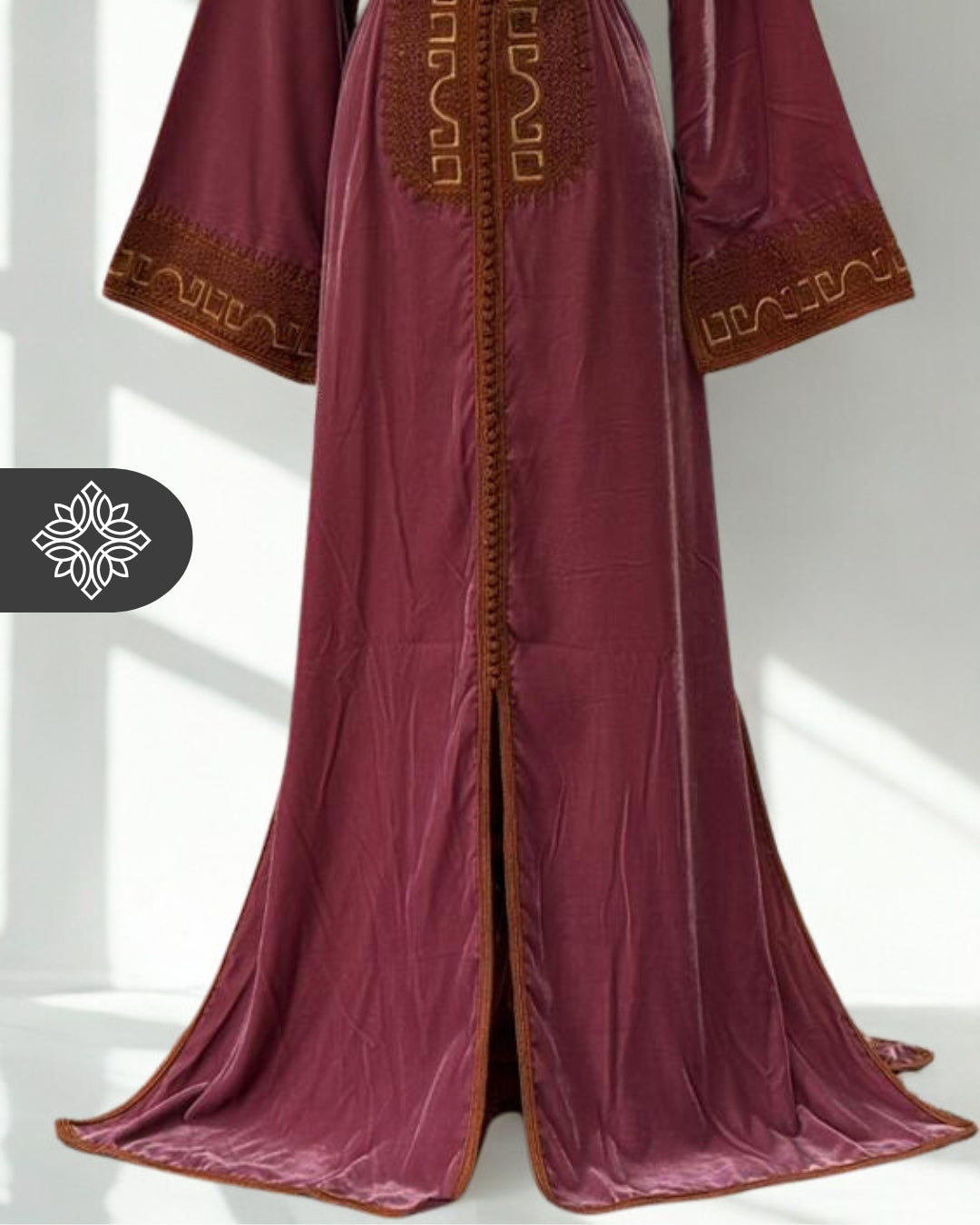 Lavender Velvet Moroccan Kaftan | Brown Tonal Embroidery | One-Piece Caftan
