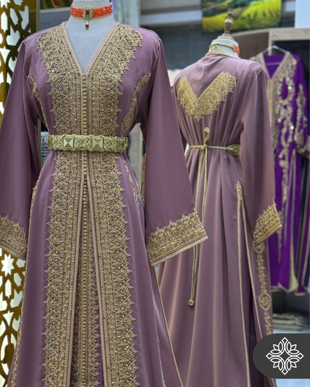 Royal Moroccan Two-Piece Kaftan | Lavender & Gold Embroidery