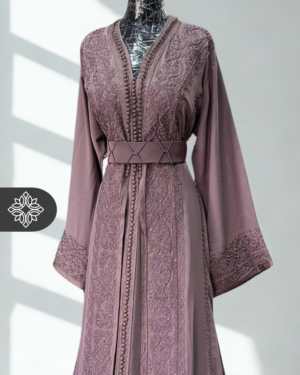 Chocolate Brown Moroccan Takchita | Luxury Couture Two-Piece Kaftan | Tonal Embroidery & Stone Detailing
