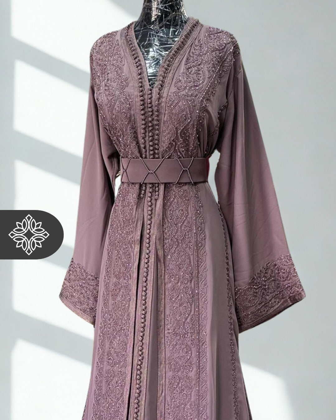 Chocolate Brown Moroccan Takchita | Luxury Couture Two-Piece Kaftan | Tonal Embroidery & Stone Detailing