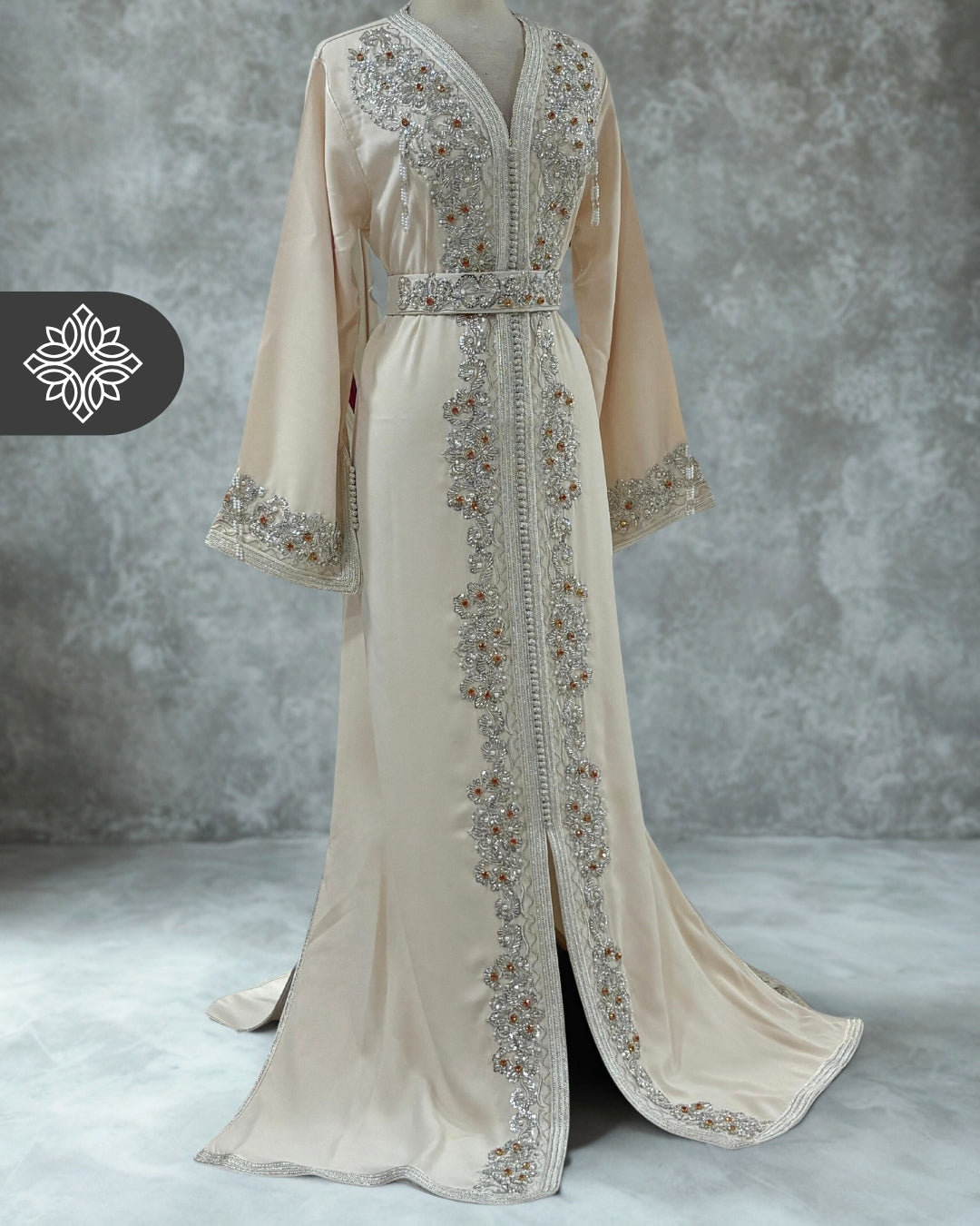 Baby Blue One-Piece Kaftan | Luxury Silver Embroidery & Beads | Moroccan Caftan Dress