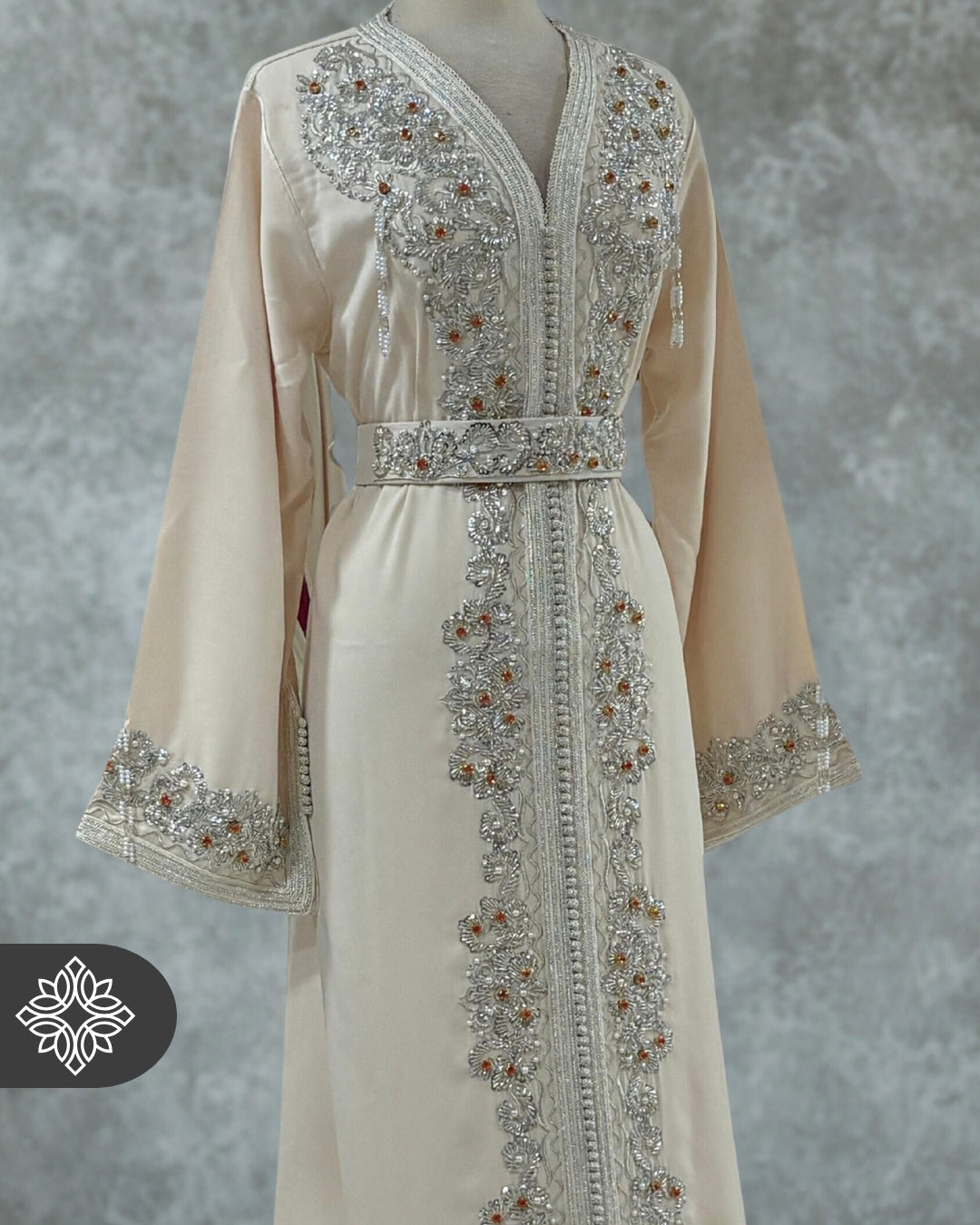 Baby Blue One-Piece Kaftan | Luxury Silver Embroidery & Beads | Moroccan Caftan Dress