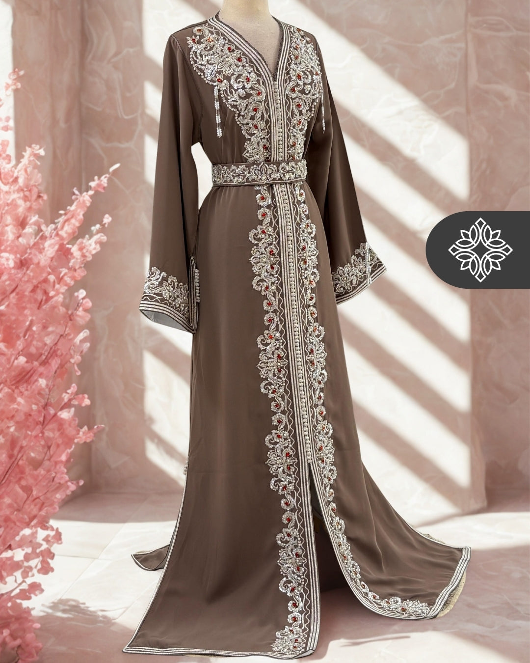 Light Brown One-Piece Kaftan | Warm Silver Embroidery & Beads