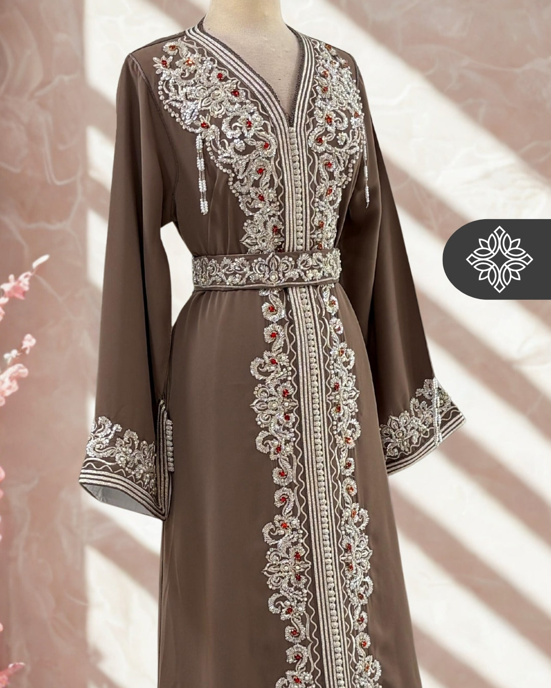 Light Brown One-Piece Kaftan | Warm Silver Embroidery & Beads | Moroccan Caftan Dress