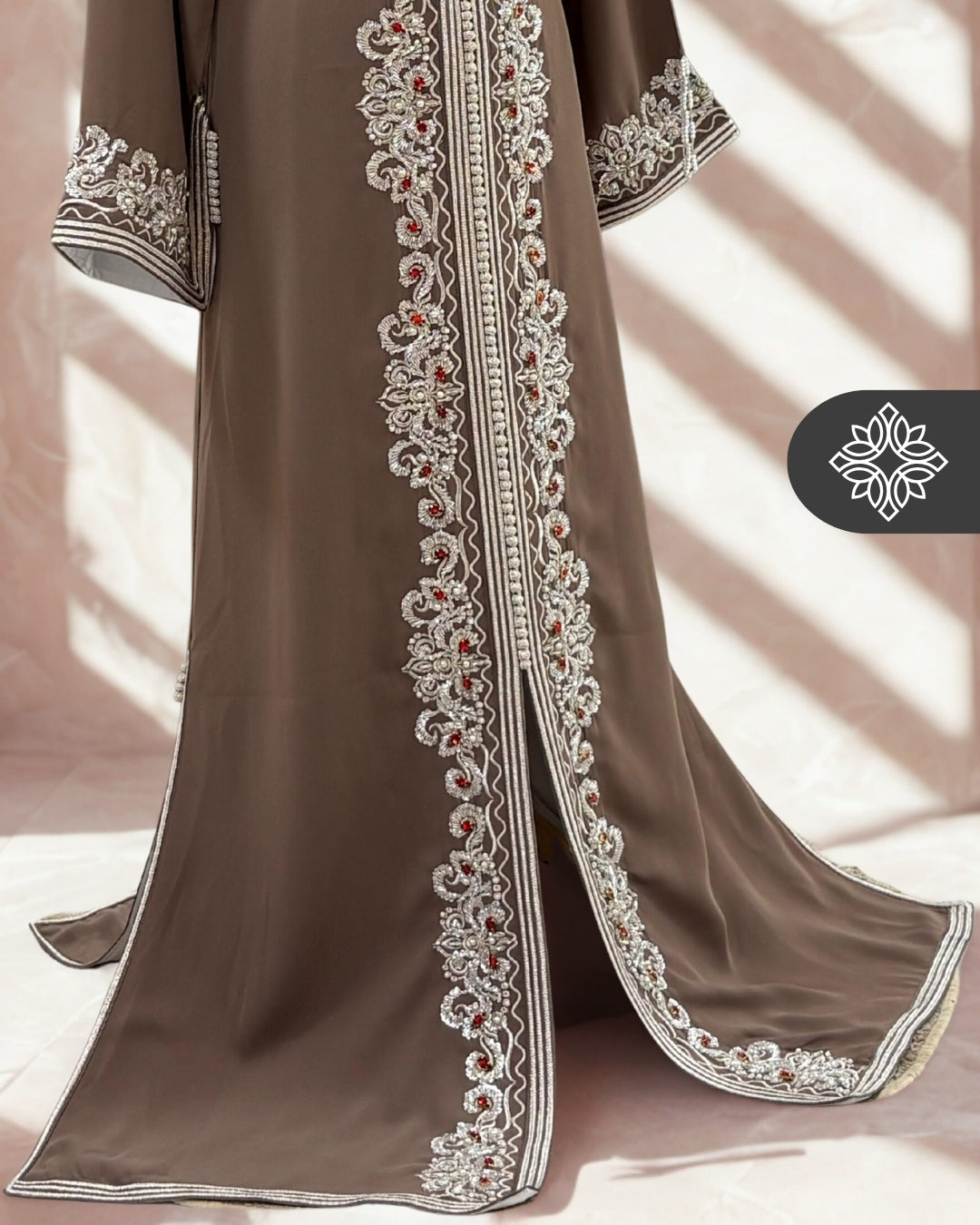 Light Brown One-Piece Kaftan | Warm Silver Embroidery & Beads | Moroccan Caftan Dress