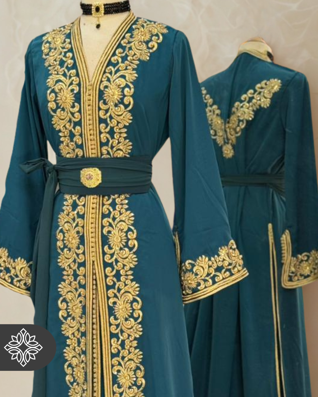Luxury Moroccan Caftan — Royal Teal with Gold Tarz | Elegant Wedding Guest Dress