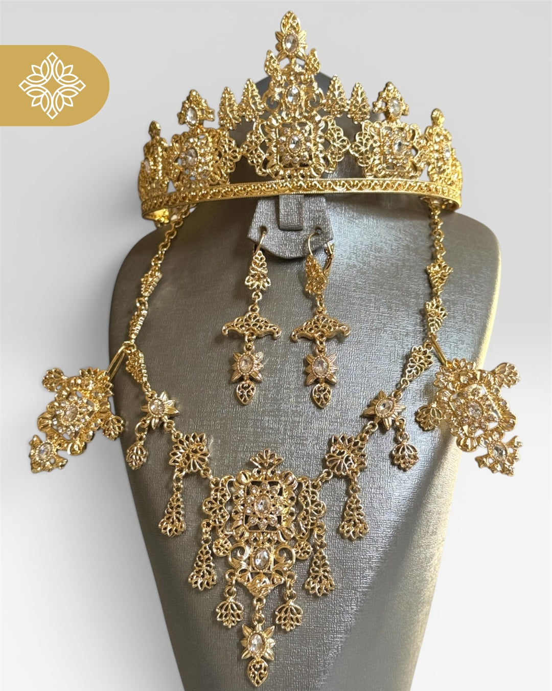 Luxury Moroccan Gold-Plated Bridal Crown Set | Heritage Necklace & Earrings