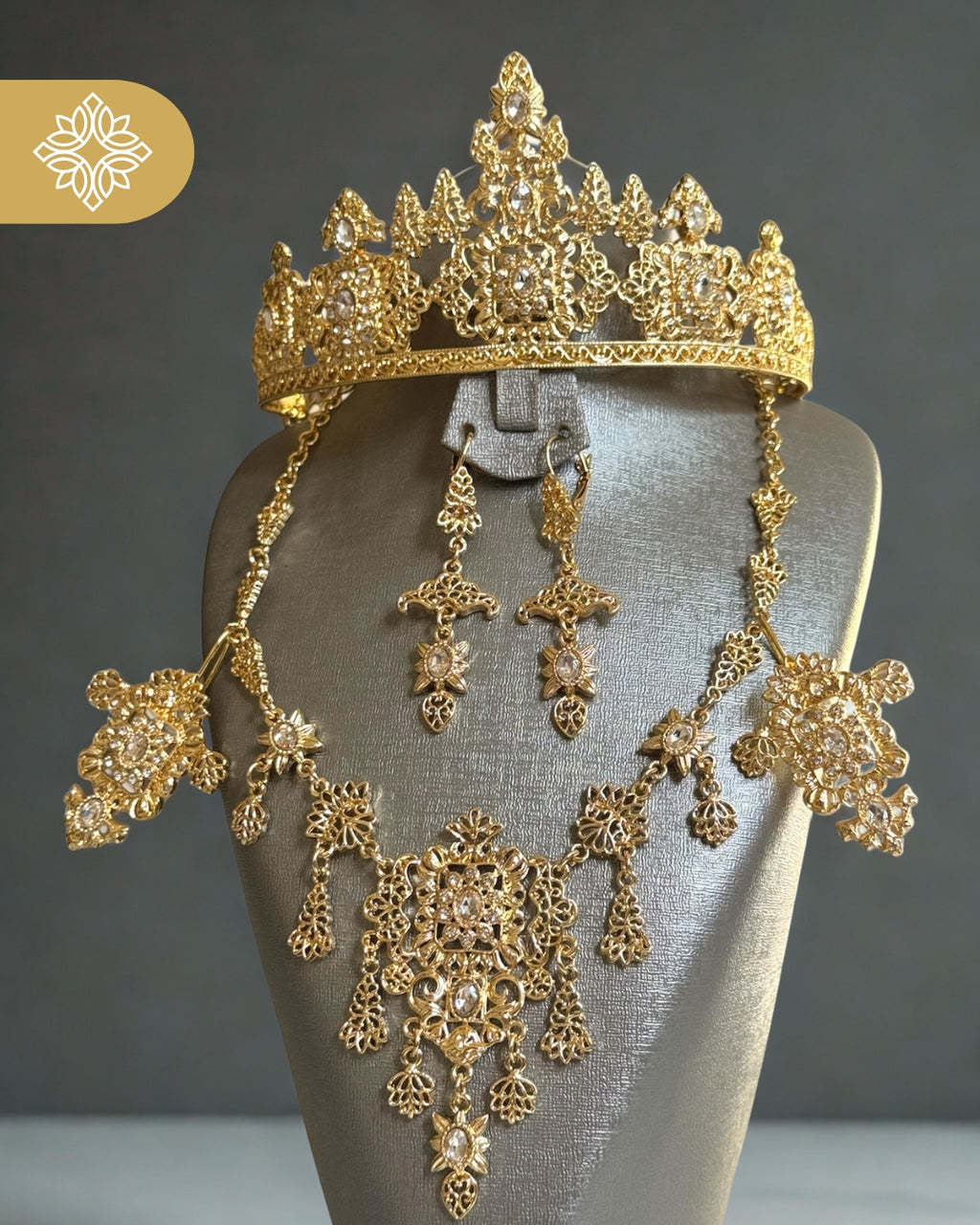 Luxury Moroccan Gold-Plated Bridal Crown Set | Heritage Necklace & Earrings