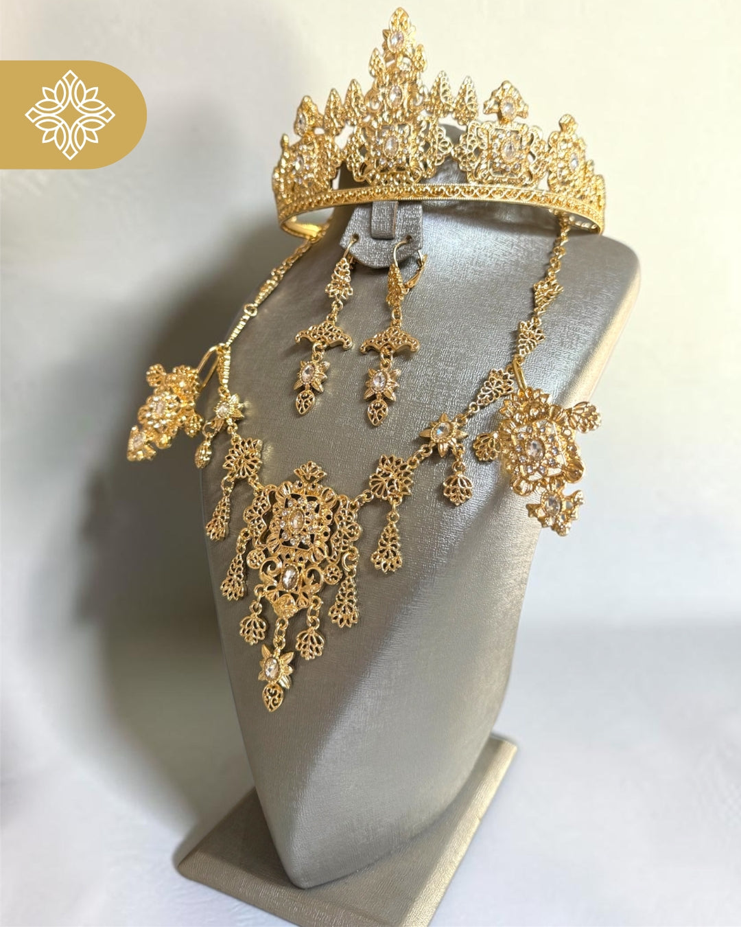 Luxury Moroccan Gold-Plated Bridal Crown Set | Heritage Necklace & Earrings