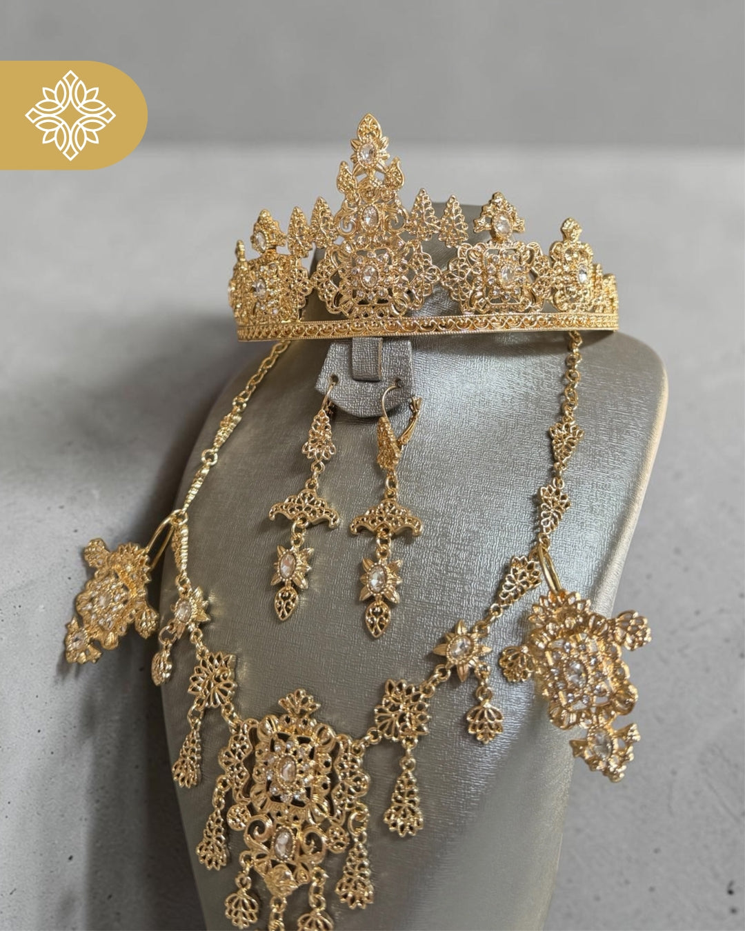 Luxury Moroccan Gold-Plated Bridal Crown Set | Heritage Necklace & Earrings