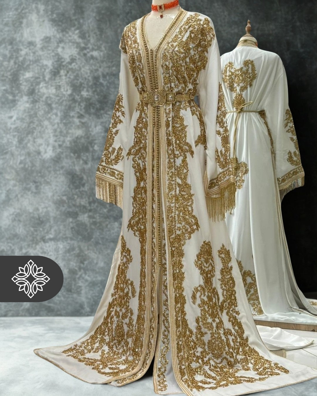 Luxury White Bridal Takchita | Couture Two-Piece Moroccan Kaftan | Golden Heritage Embroidery