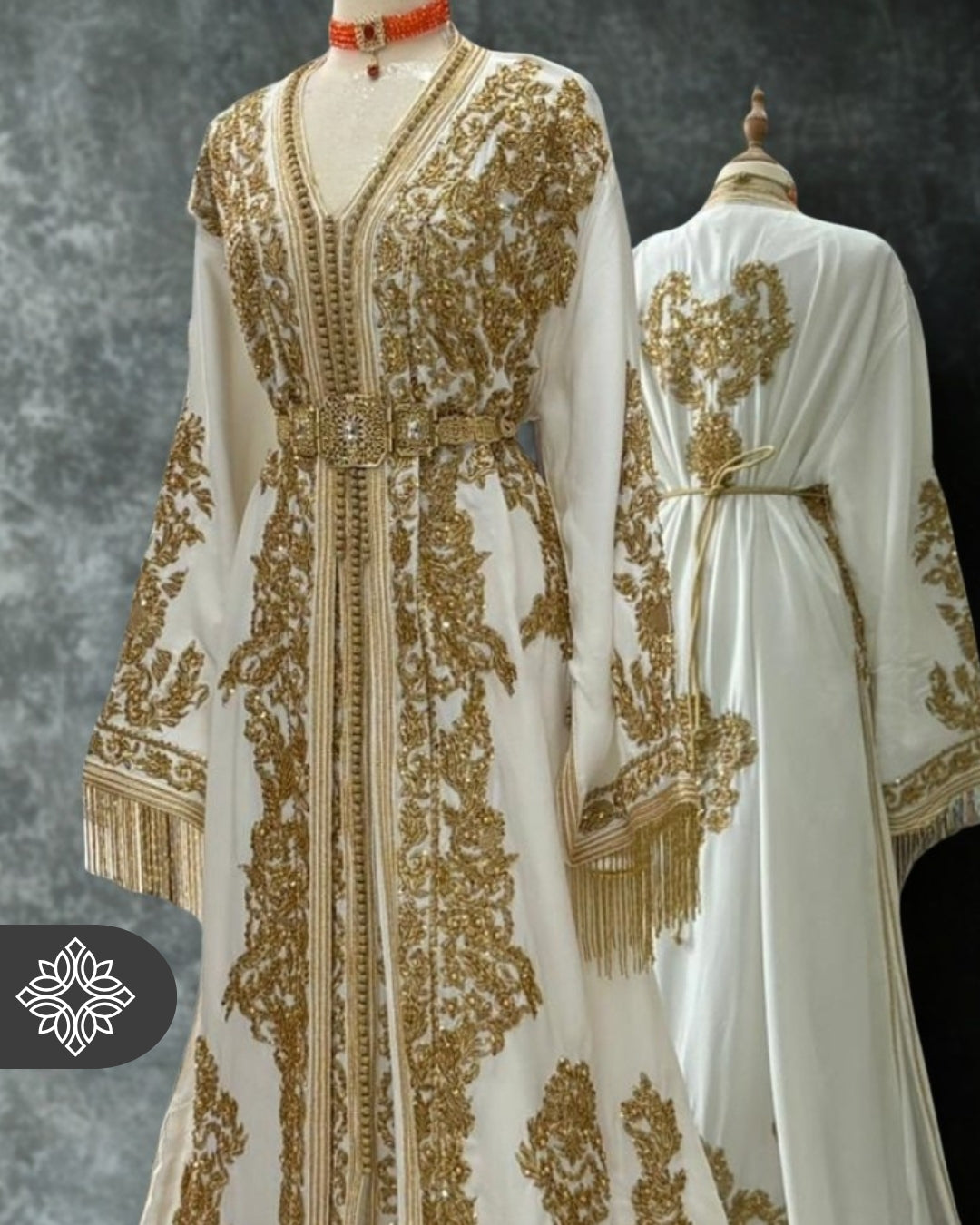 Luxury White Bridal Takchita | Couture Two-Piece Moroccan Kaftan | Golden Heritage Embroidery