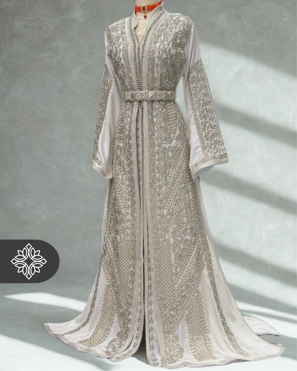 Luxury White Moroccan Bridal Takchita | Imperial Two-Piece Kaftan | Silver Heritage Embroidery