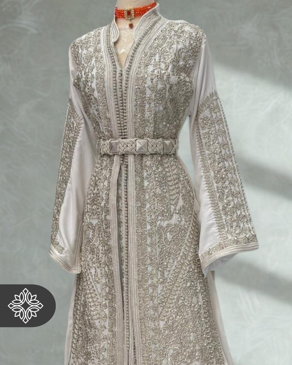 Luxury White Moroccan Bridal Takchita | Imperial Two-Piece Kaftan | Silver Heritage Embroidery