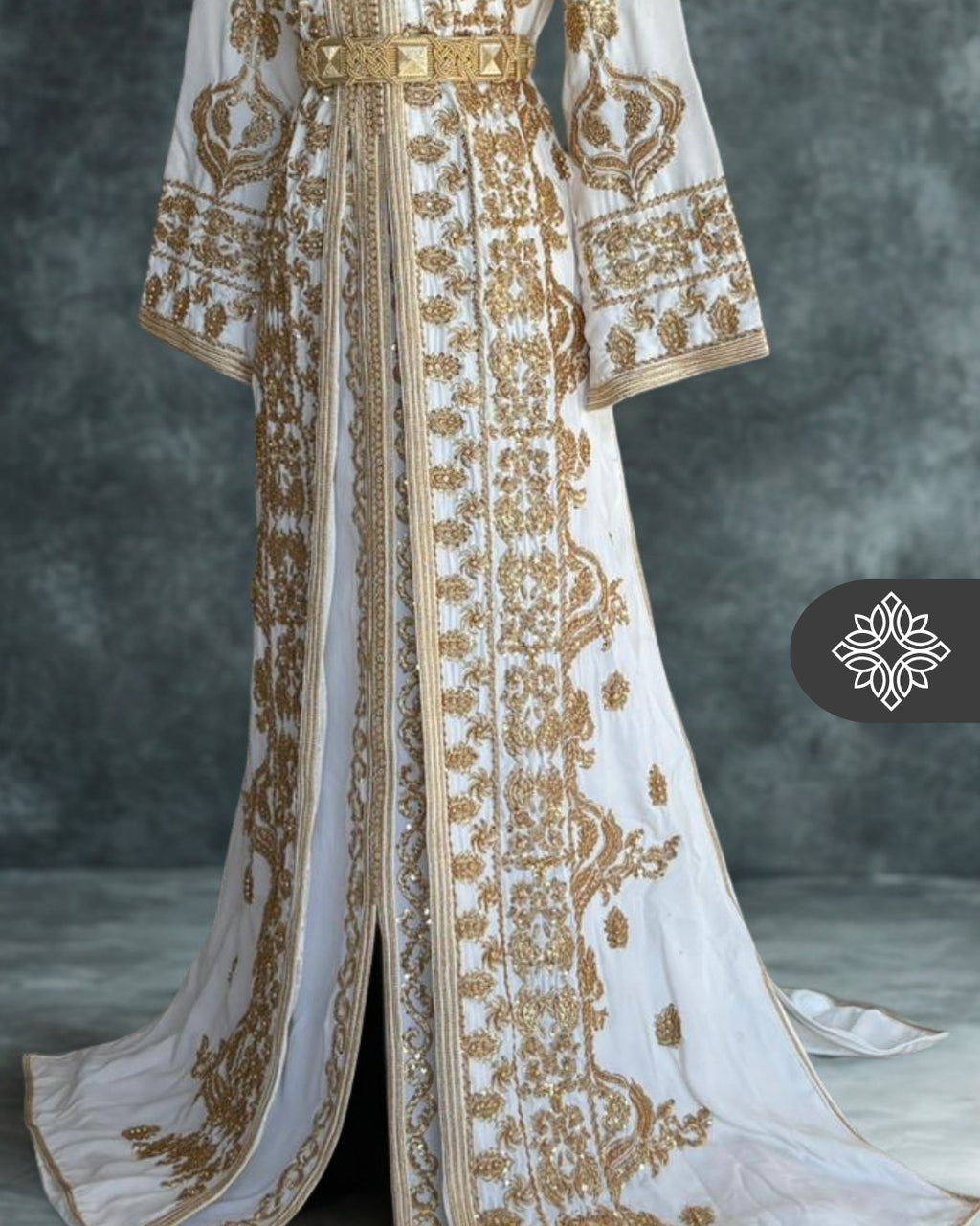 Luxury White Moroccan Bridal Takchita | Royal Two-Piece Kaftan | Golden Majesty Embroidery