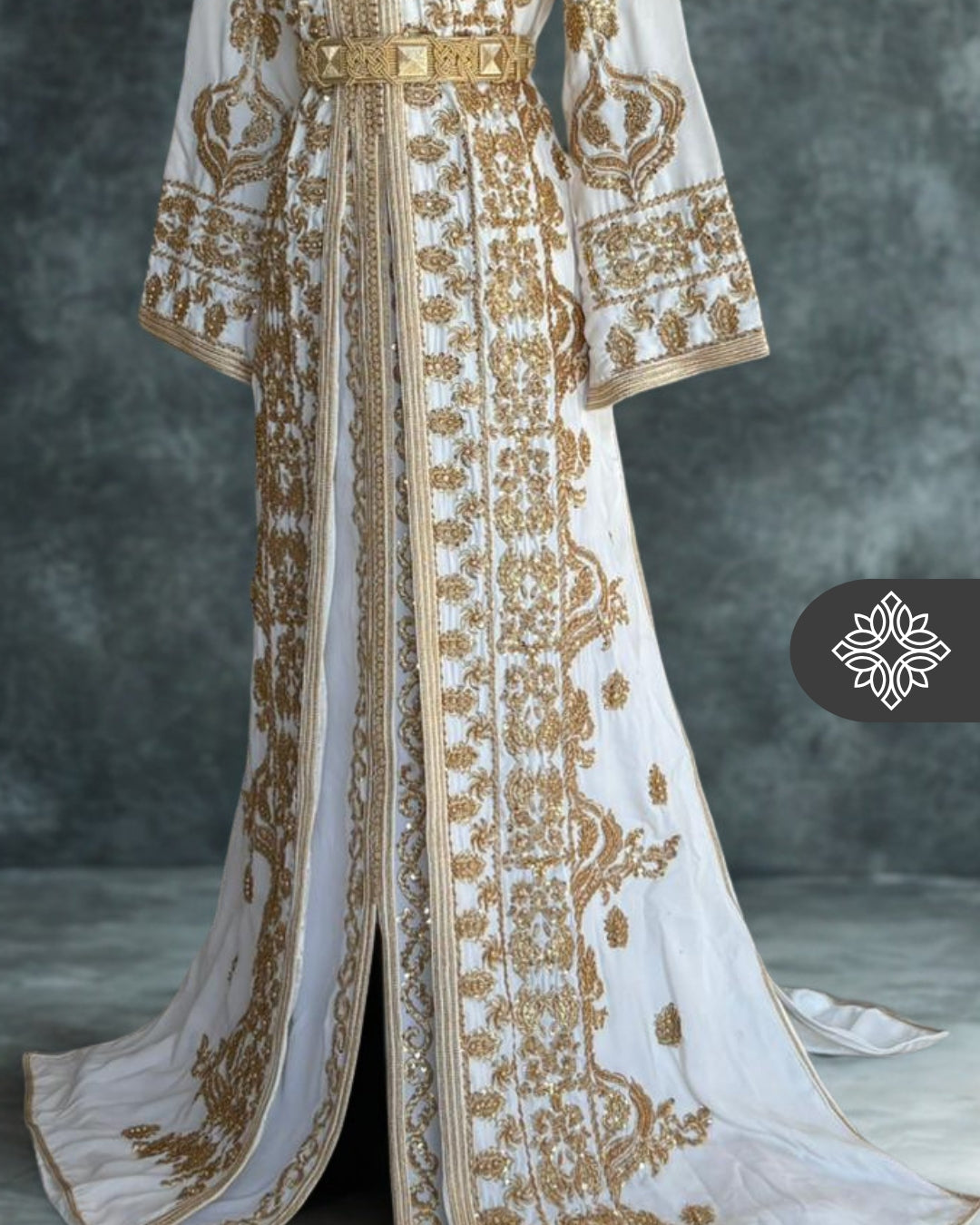 Luxury White Moroccan Bridal Takchita | Royal Two-Piece Kaftan | Golden Majesty Embroidery
