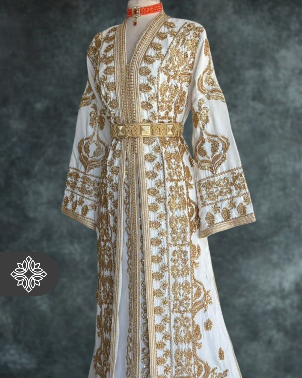 Luxury White Moroccan Bridal Takchita | Royal Two-Piece Kaftan | Golden Majesty Embroidery