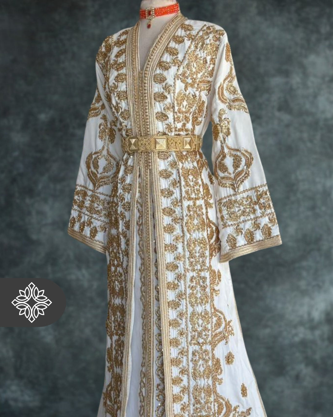 Luxury White Moroccan Bridal Takchita | Royal Two-Piece Kaftan | Golden Majesty Embroidery