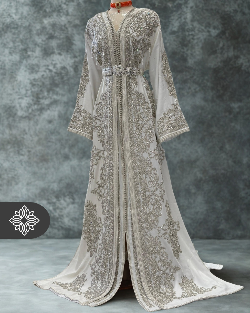 Luxury White Moroccan Bridal Takchita | Royal Two-Piece Kaftan | Silver Heritage Embroidery