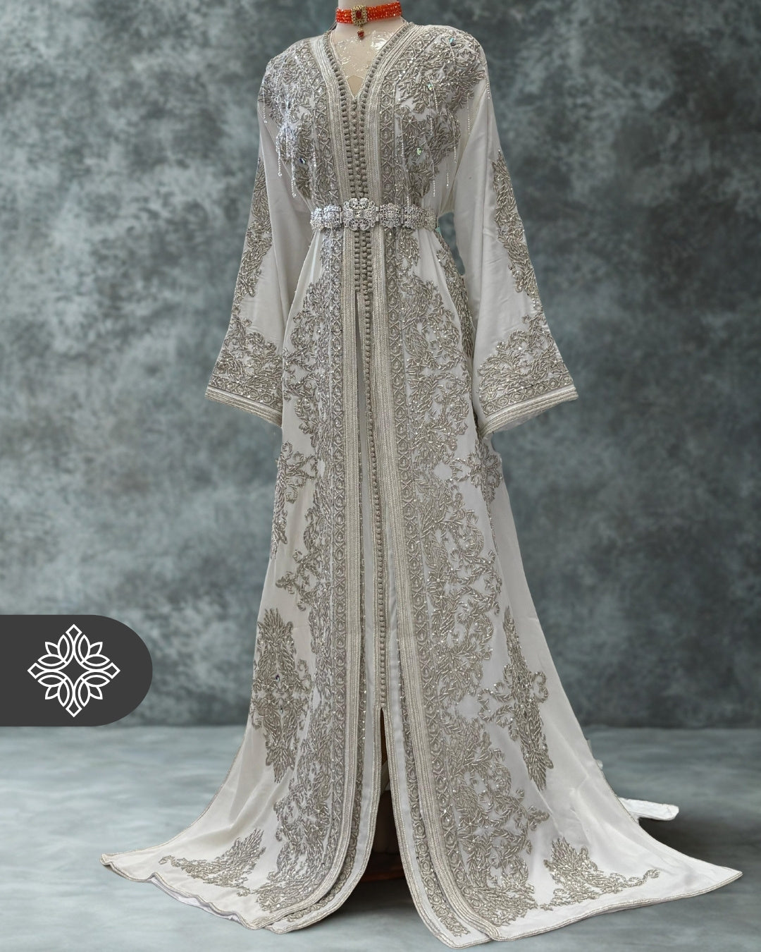 Luxury White Moroccan Bridal Takchita | Royal Two-Piece Kaftan | Silver Heritage Embroidery