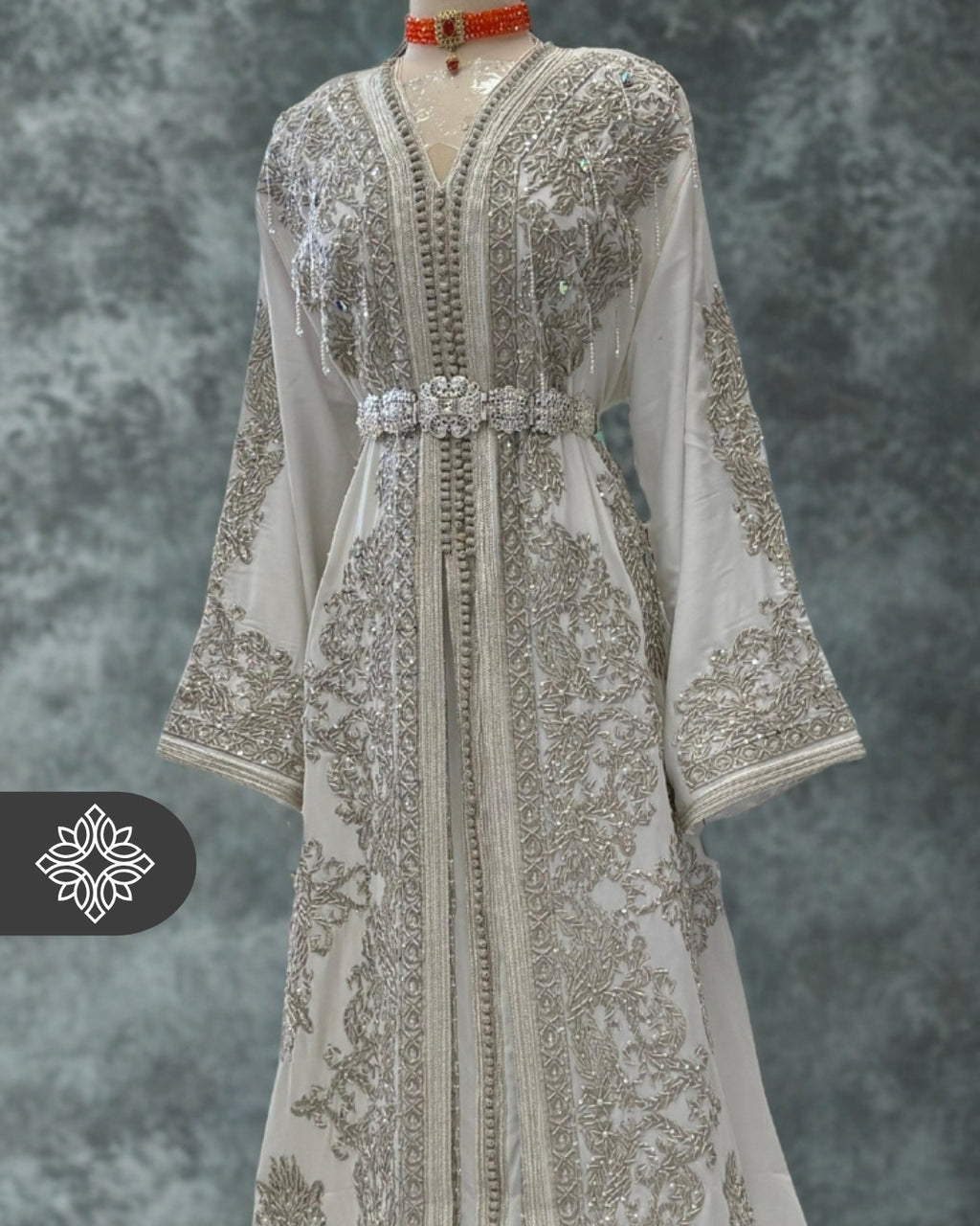 Luxury White Moroccan Bridal Takchita | Royal Two-Piece Kaftan | Silver Heritage Embroidery