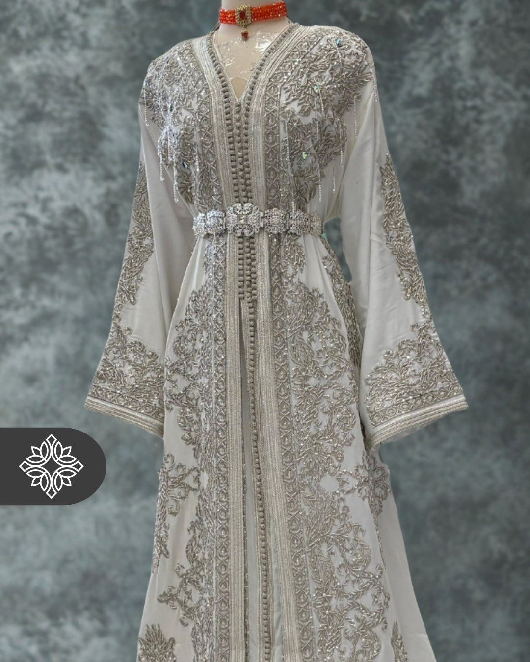 Luxury White Moroccan Bridal Takchita | Royal Two-Piece Kaftan | Silver Heritage Embroidery