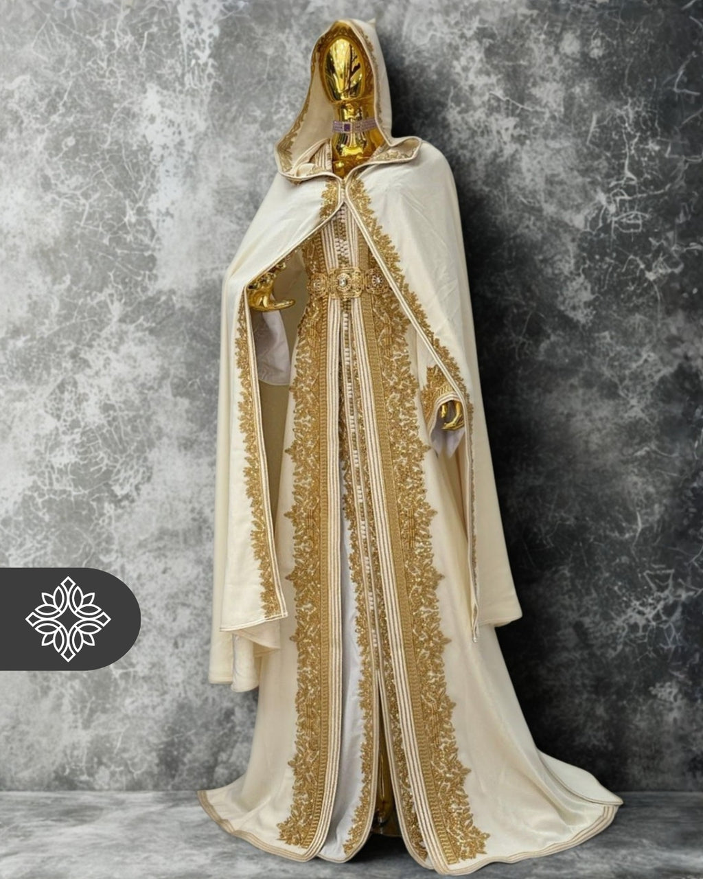 Luxury White Moroccan Bridal Takchita with Royal Cape | Two-Piece Kaftan | Golden Heritage Embroidery