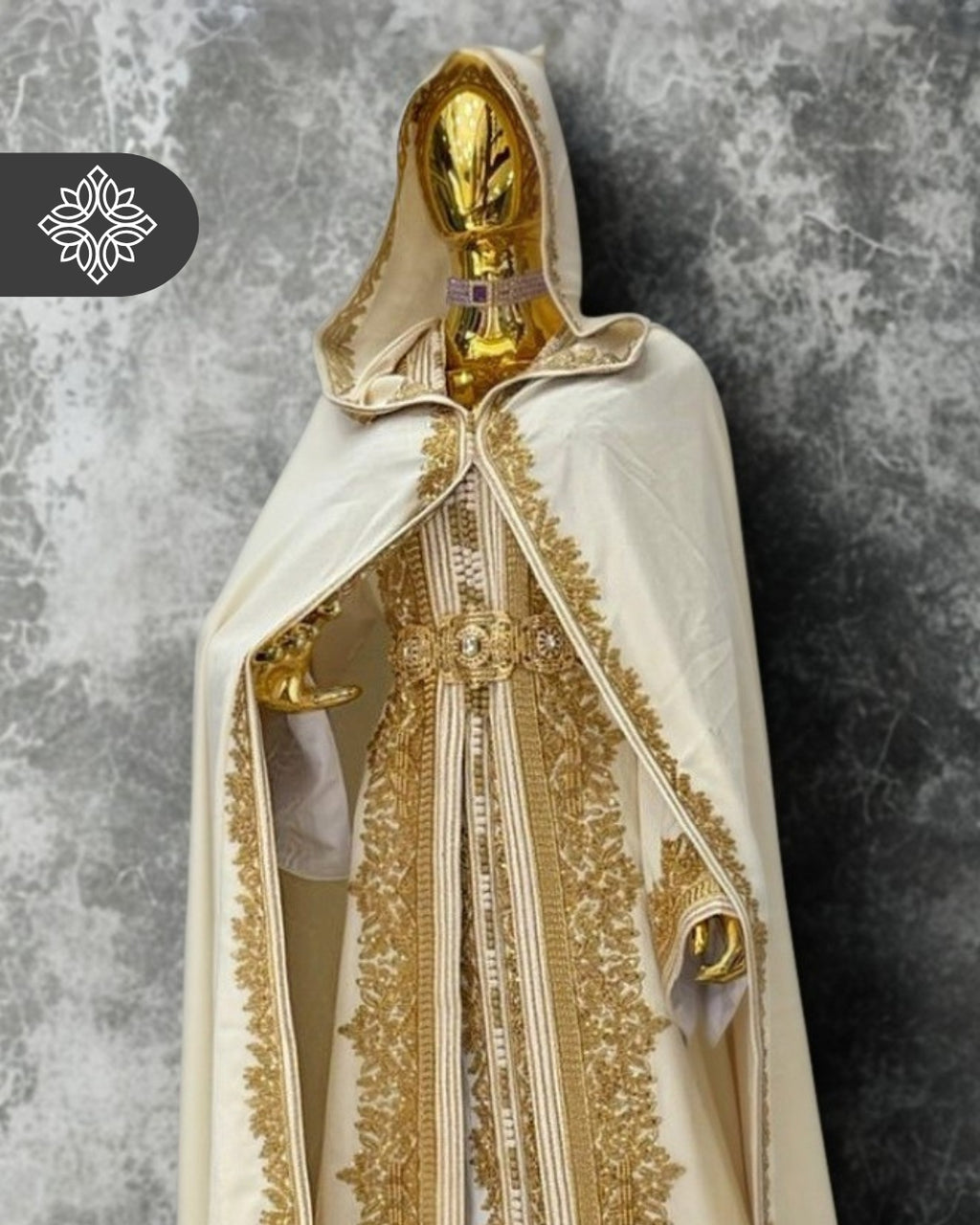 Luxury White Moroccan Bridal Takchita with Royal Cape | Two-Piece Kaftan | Golden Heritage Embroidery
