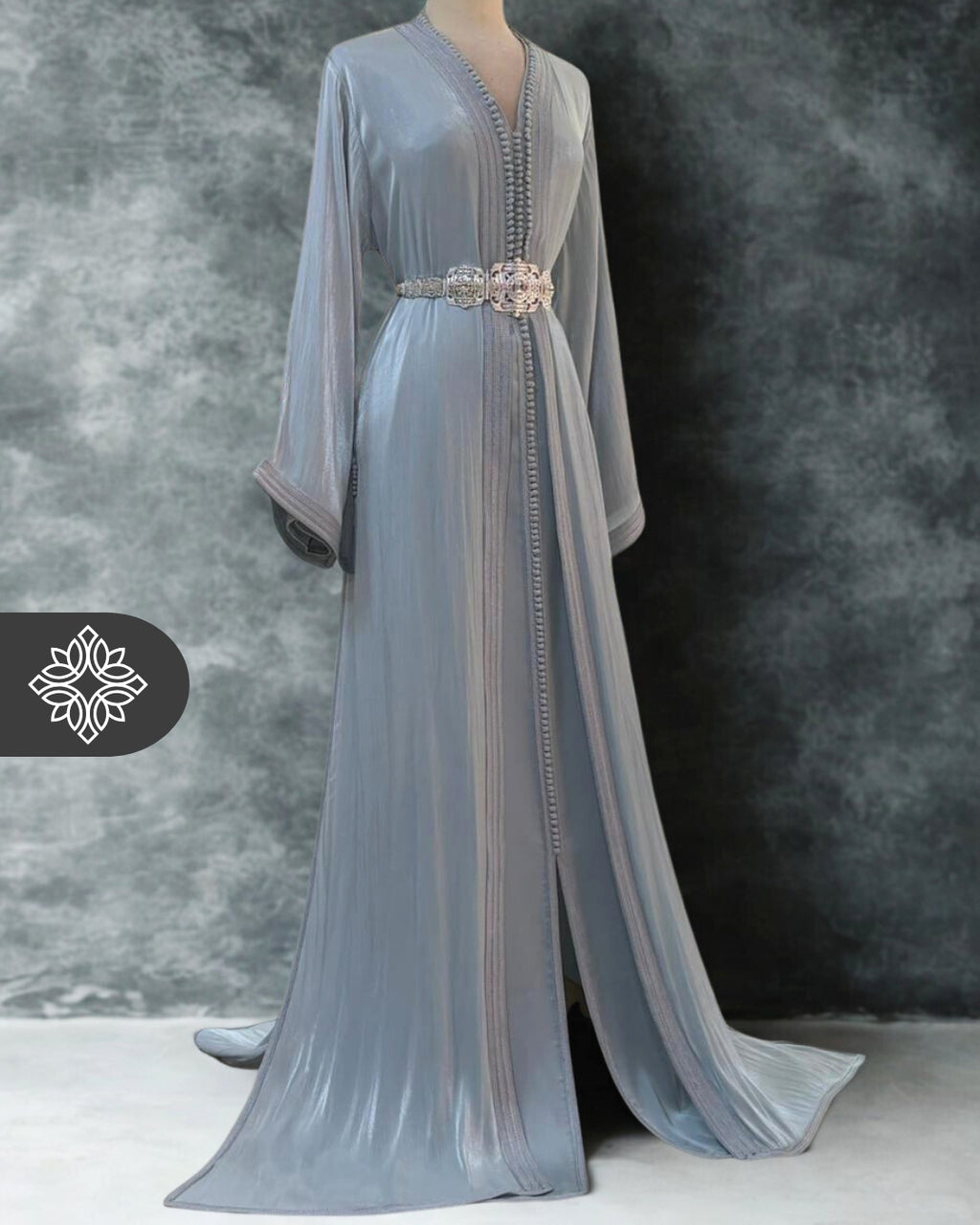 Metallic Gray Organza Two-Piece Takchita | Modern Moroccan Caftan Dress