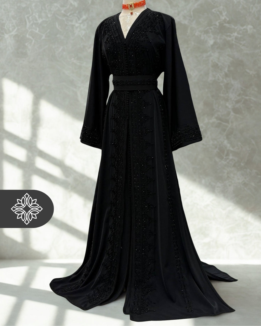 Midnight Black Moroccan Takchita | Luxury Noir Two-Piece Kaftan | Tonal Stone Embroidery