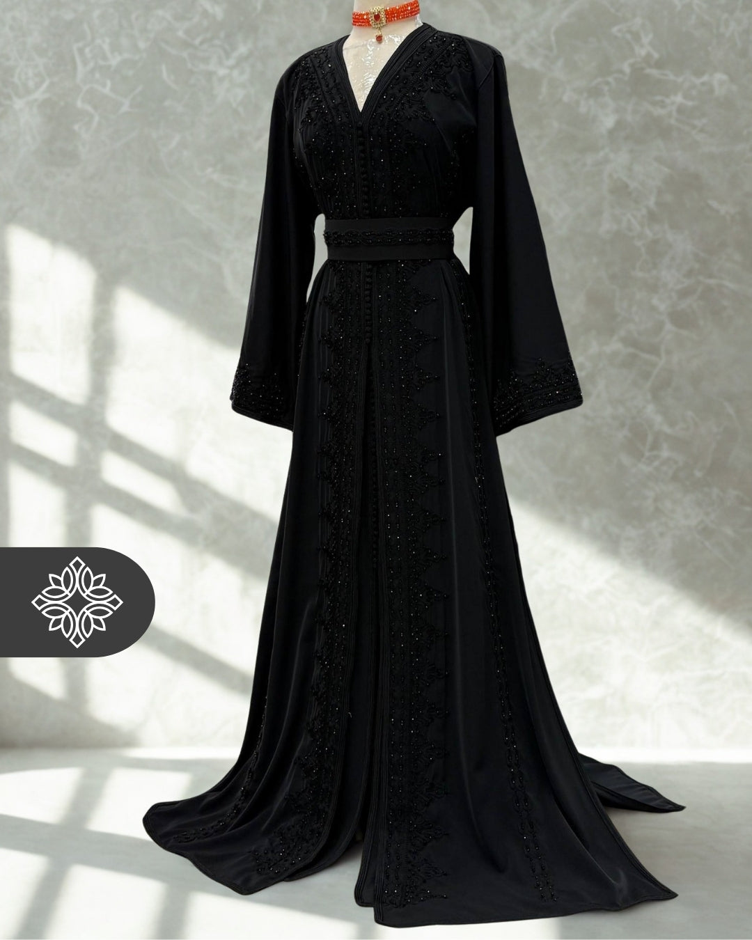 Midnight Black Moroccan Takchita | Luxury Noir Two-Piece Kaftan | Tonal Stone Embroidery