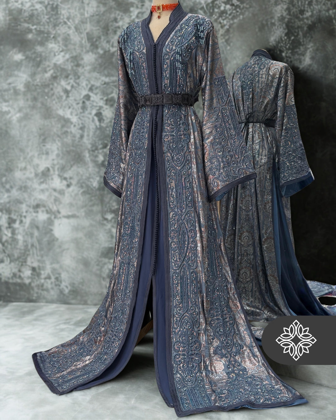 Royal Black Brocade Moroccan Takchita | VIP Two-Piece Kaftan | Silver Heritage Embroidery