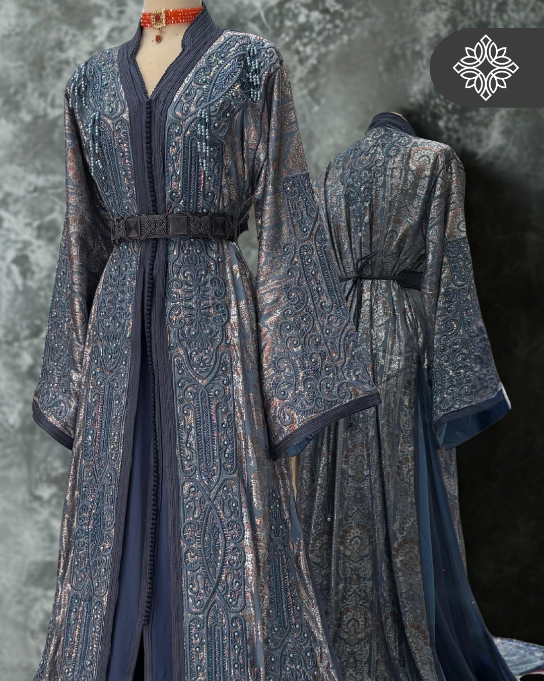 Royal Black Brocade Moroccan Takchita | VIP Two-Piece Kaftan | Silver Heritage Embroidery