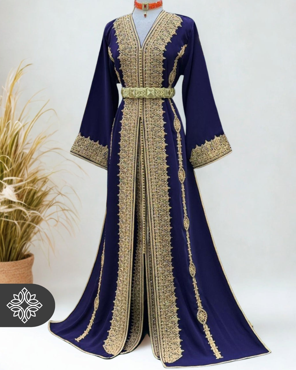 Royal Moroccan Two-Piece Kaftan | Deep Navy & Gold Embroidered Luxury