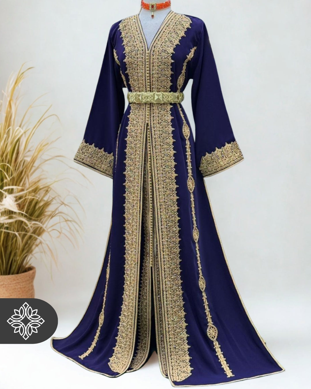Royal Moroccan Two-Piece Kaftan | Purple & Gold Embroidery