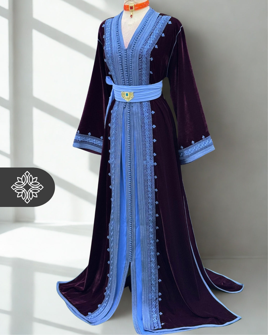 Crimson Rouge Moroccan Two-Piece Kaftan | Sky Blue Embroidered Velvet
