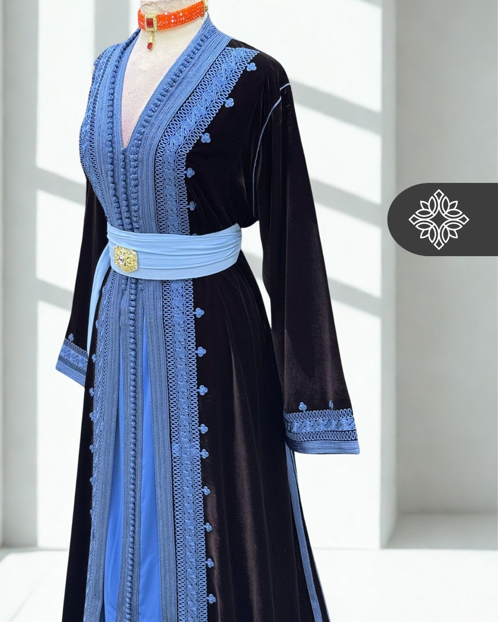 Olive Gold Moroccan Two-Piece Kaftan | Sky Blue Embroidered Velvet