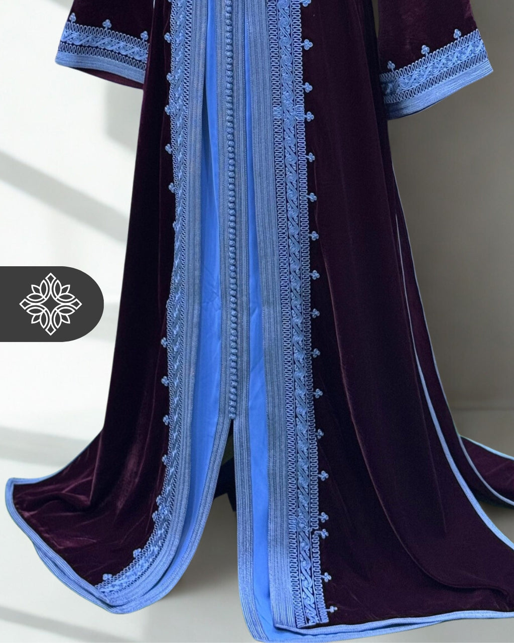 Olive Gold Moroccan Two-Piece Kaftan | Sky Blue Embroidered Velvet