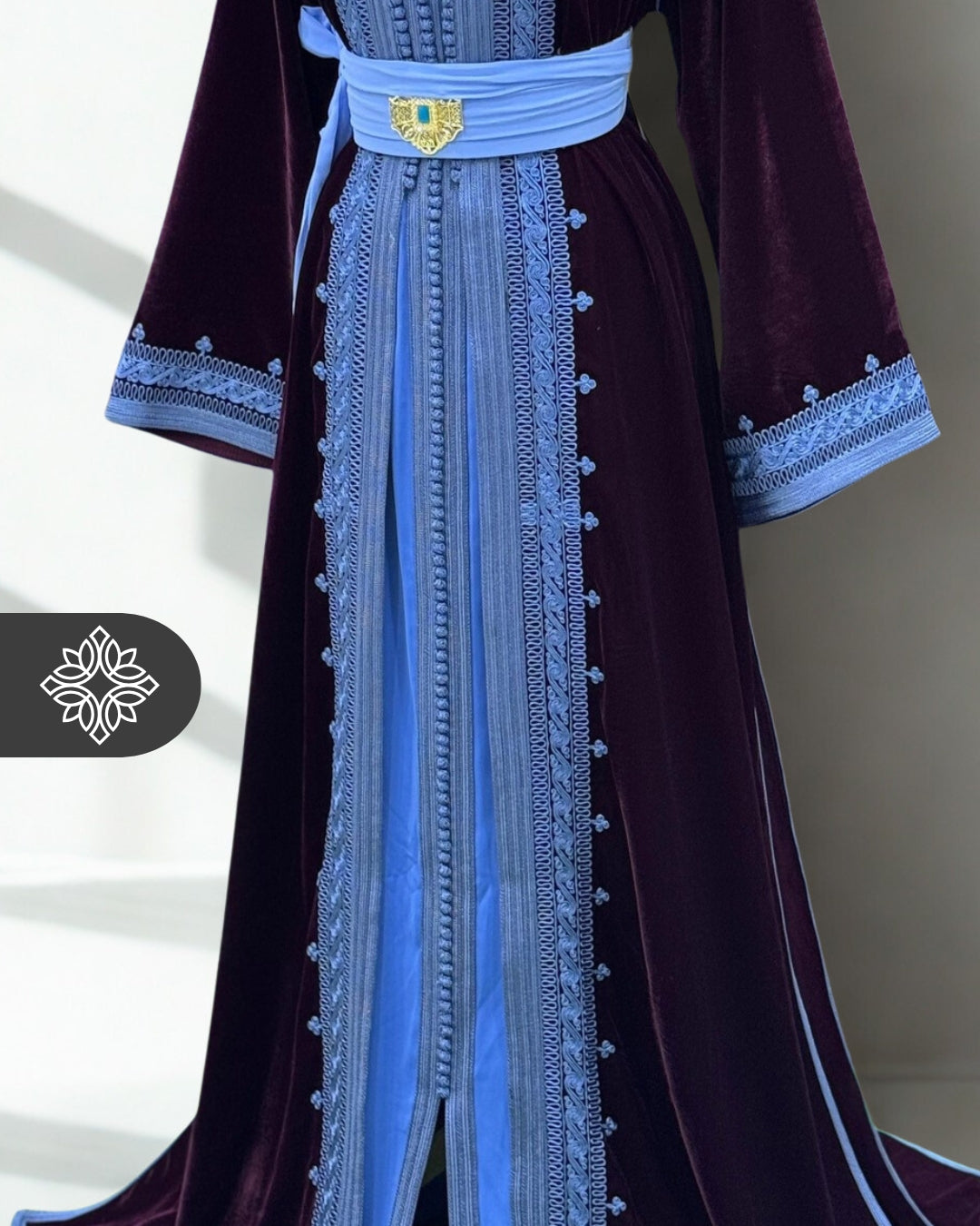 Midnight Navy Moroccan Two-Piece Kaftan | Sky Blue Embroidered Velvet