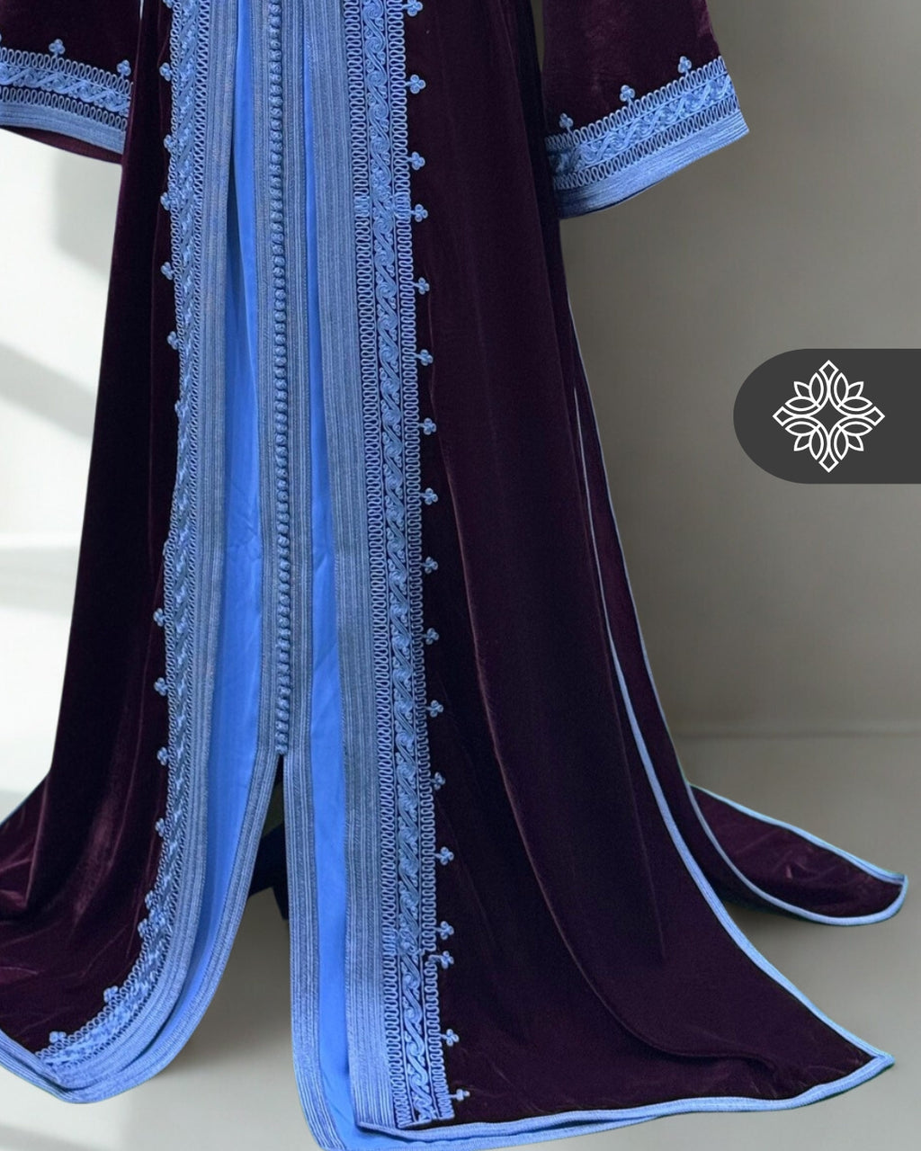 Olive Gold Moroccan Two-Piece Kaftan | Sky Blue Embroidered Velvet